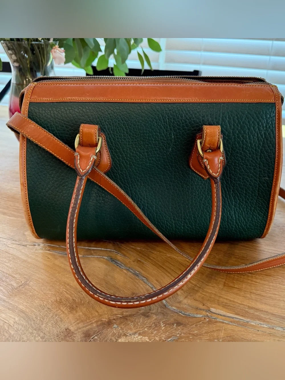 Vintage Dooney & Bourke Dark Green and Tan Leather Satchel - Picture 2 of 5